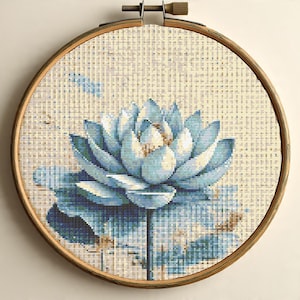 Blue Lotus Flower Cross Stitch Pattern PDF, Water Lily Embroidery Design, Flower Cross Stitch Chart, Digital Download