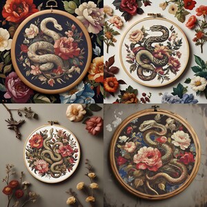 May include: Four embroidery hoops with floral designs featuring snakes. Each hoop has a different floral arrangement and snake design. The snakes are depicted in a realistic style with intricate details. The hoops are all framed in wood and have a gold finish.