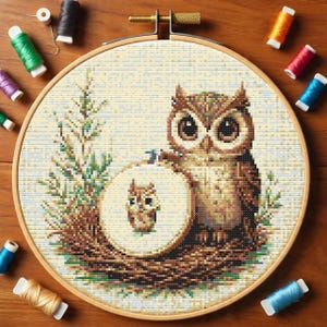 Stitching Owl Cross Stitch Pattern PDF, Cute Woodland Animal Counted Cross Stitch Chart, Owl Embroidery Hoop Design,  Instant Download