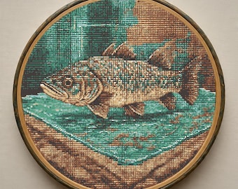 Bass Fish Cross Stitch Pattern PDF, Beginner Fishing Embroidery, Angler Sport Counted Cross Stitch Chart, Instant Download