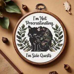 Funny Cat Cross Stitch Pattern, Quote Embroidery Kit, Black Cat Modern Cross Stitch Chart, Procrastination Humor, Beginner Embroidery PDF