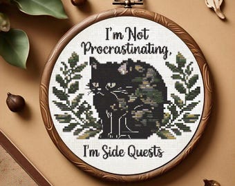 Funny Cat Cross Stitch Pattern, Quote Embroidery Kit, Black Cat Modern Cross Stitch Chart, Procrastination Humor, Beginner Embroidery PDF
