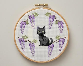 Moonlight Cat Cross Stitch Pattern PDF, Wisteria Flower Feline Embroidery, Mystic Black Cat Chart, Night Garden Art Download