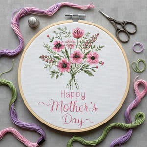 Mother&#39;s Day Cross Stitch Pattern PDF, Floral Bouquet Embroidery, Spring Flowers Needlework, Instant Digital Download
