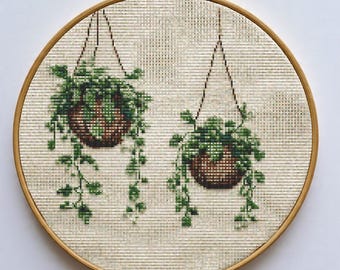 Hanging Plants Cross Stitch Pattern PDF, Modern Botanical Embroidery Design, Houseplant Needlework Chart, Digital Download