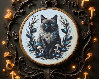 Mushroom Gothic Black Cat Cross Stitch Pattern, Kitten Cross Stitch Chart, Halloween Embroidery Charts PDF, Instant Download