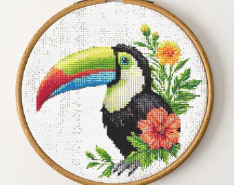 Jungle Toucan Cross Stitch Pattern PDF, Tropical Floral Bird Embroidery, Exotic Garden Flowers Cross Stitch Chart, Instant Download