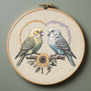 Love Birds Cross Stitch Pattern, Bird spring  Mini Modern x-stitch Pattern, Flower Parakeet Cross Stitch Chart, Beginner Embroidery PDF