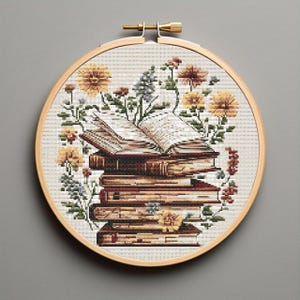 Vintage Books Cross Stitch Pattern PDF, Wildflowers Library, Reading Bookish Gift, Literary Embroidery Wall Art, Needlework Digital Download