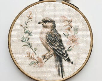 Long Tail Bird Cross Stitch Pattern, Vintage Floral Embroidery, Elegant Songbird Counted Cross Stitch, PDF Download