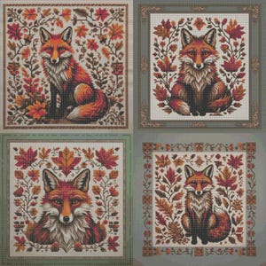 Autumn Fox Cross Stitch Patterns PDF, 4 Cozy Floral Designs, Rustic Fox Embroidery, Cute Woodland Animals, Fox Theme Ornament Set