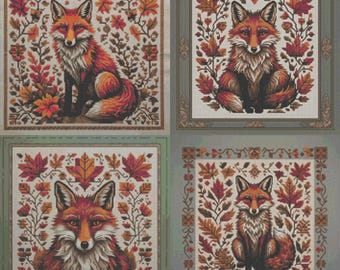 Patrones de punto de cruz de zorro otoñal (PDF), 4 acogedores diseños florales, bordado rústico de zorro, adorables animales del bosque, juego de adornos con temática de zorro