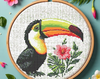 Toucan Hibiscus Cross Stitch Pattern PDF, Tropical Bird Embroidery Chart, Island Bird Flowers Cross Stitch Chart PDF, Instant Download
