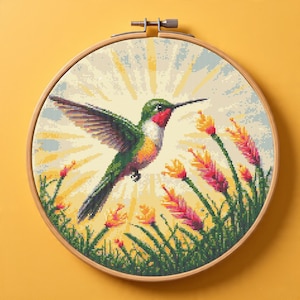 Hummingbird Sunrise Cross Stitch Pattern PDF, Nature Art Bird Embroidery, Golden Light flowers Cross Stitch Chart PDF, Digital Download