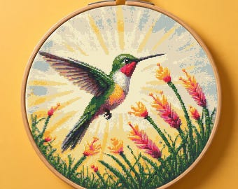 Hummingbird Sunrise Cross Stitch Pattern PDF, Nature Art Bird Embroidery, Golden Light flowers Cross Stitch Chart PDF, Digital Download
