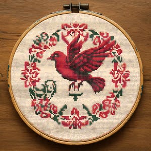 Red Cardinal Cross Stitch Pattern, Beginner Folk Art Bird Embroidery,Bird Flowers Cross Stitch Chart PDF, Digital Download
