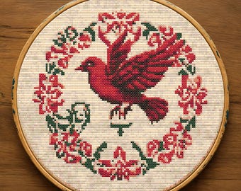 Red Cardinal Cross Stitch Pattern, Beginner Folk Art Bird Embroidery,Bird Flowers Cross Stitch Chart PDF, Digital Download