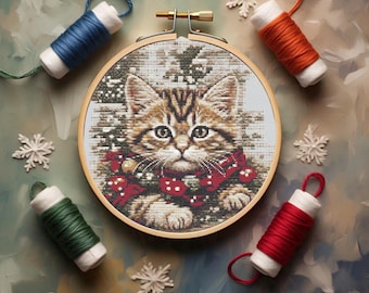 Winter Kitten Cross Stitch Pattern, Snow Cat Embroidery Design, Holiday Pet Cross Stitch Chart PDF, Christmas Digital Download
