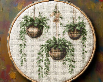 Three Hanging Planters Cross Stitch Pattern, Beginner Indoor Garden Embroidery, Plant Cross Stitch Chart PDF, Digital Download