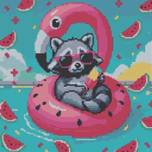 Summer Vibes Raccoon Cross Stitch Pattern, Raccoon Funny Cross Stitch, Kreuzstich, Animais Easy stitch Pattern, Modern stitch Chart PDF