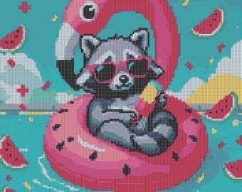 Patrón de punto de cruz de mapache "Summer Vibes", divertido mapache en punto de cruz, Kreuzstich, patrón de punto fácil de animales, gráfico de punto moderno en PDF