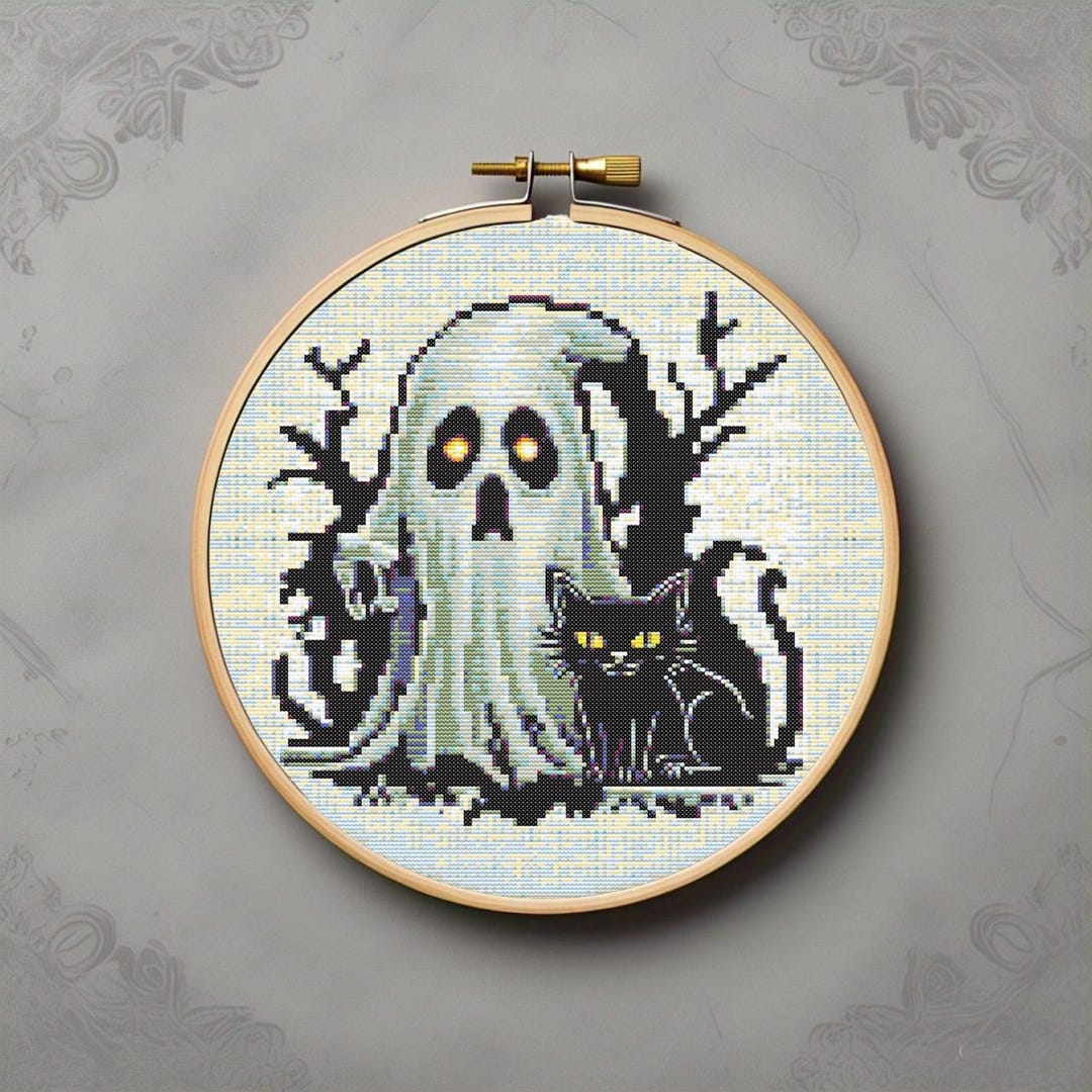 Ghost Stitching Pattern Gothic Ghost Cross Stitch Pattern, Ghost With Black Cat, Modern Cross ...