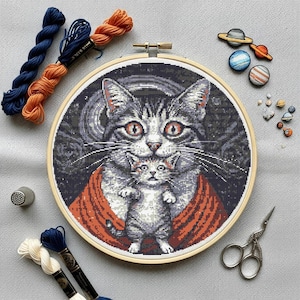 Mama Cat Holding Kitten Cross Stitch Pattern PDF, Beginner Cat&#39;s Mini Art x-stitch Pattern, Cute Animal Cross Stitch Chart, Instant Download