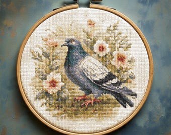 Patrón de punto de cruz de paloma urbana (PDF), bordado floral de pájaro urbano, gráfico de punto de cruz con fondo de flores, descarga instantánea