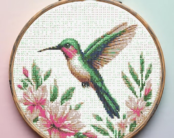 Hummingbird flowers Cross Stitch Pattern, Beginner Pink Hibiscus Embroidery, Tropical Bird Cross Stitch Chart PDF, Digital Download
