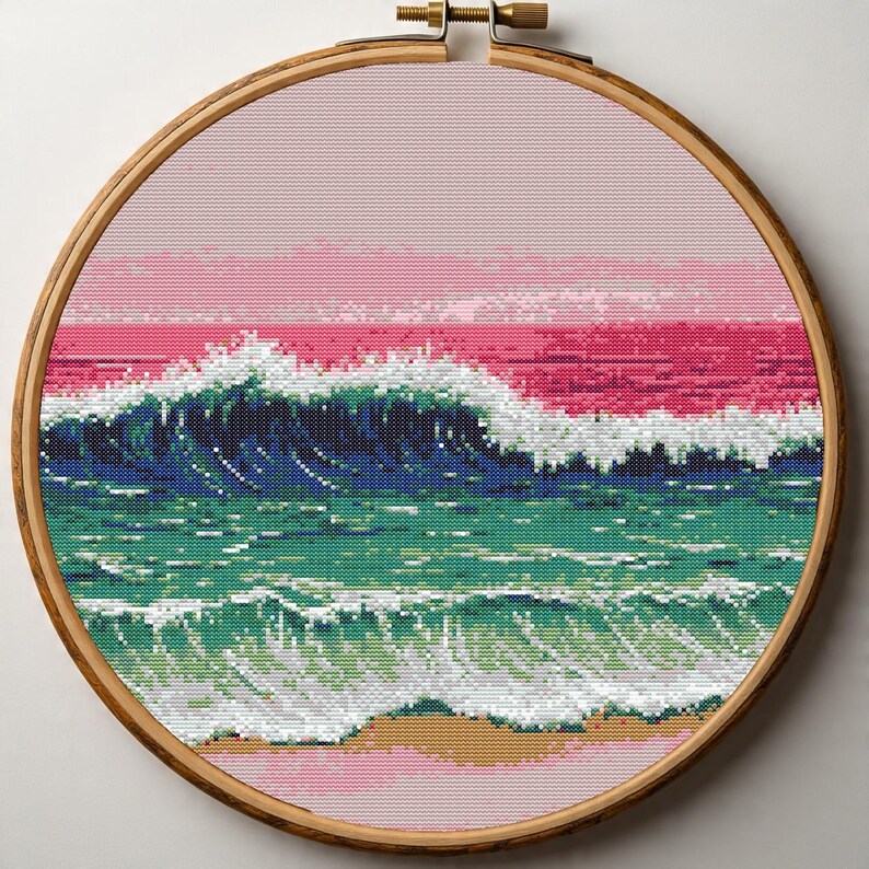 Pinky Ocean Waves Cross Stitch Pattern PDF, Sunset Beach Embroidery ...