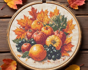 Padrão de ponto cruz para colheita de outono em PDF, design de bordado de frutas de outono, gráfico de bordado para decoração de Ação de Graças, download digital