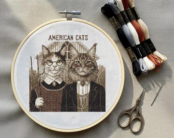 Patrón de punto de cruz de gatos góticos americanos (PDF), bordado artístico, gráfico de punto de cruz contado de mascotas divertidas, descarga instantánea