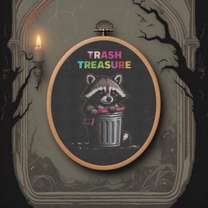 Trash Treasure Raccoon Cross Stitch Pattern PDF, Funny Animal Embroidery Chart, Digital Download, Raccoon Modern Counted Cross Stitch Chart
