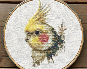 Nymphensittich Kreuzstichmuster PDF, Gelb Kleiner Papagei Kreuzstichmuster, Haustier Vogel Stickerei, sofortiger Download