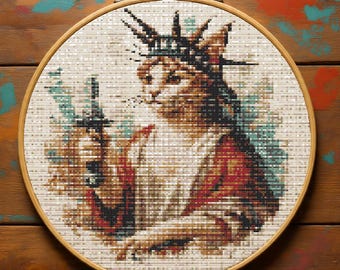 Patriotic Cat Cross Stitch Pattern PDF, Statue of Liberty Embroidery Design, American Flag Pet Counted Cross Stitch Chart, Instant Download