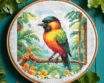 Tropical Bird Cross Stitch Pattern PDF, Window Scene Embroidery, Paradise Bird Cross Stitch Chart PDF, Instant Download