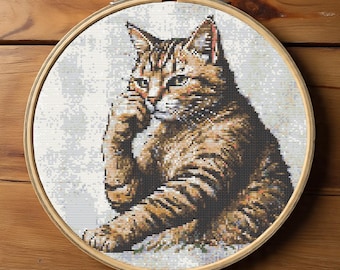 Thoughtful Cat Cross Stitch Pattern PDF, Beginner Pet Portrait Embroidery, Detailed Funny Counted Cross Stitch Chart, Instant Download