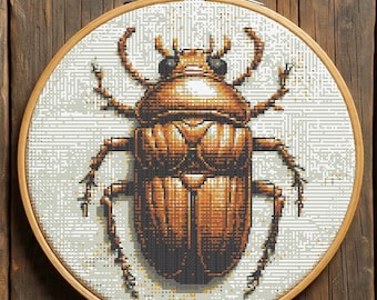 Patrón de punto de cruz de escarabajo egipcio (PDF), bordado de escarabajo dorado para principiantes, gráfico de punto de cruz de insectos antiguos (PDF), descarga digital