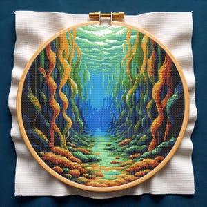 May include: A cross-stitch embroidery of an underwater scene, featuring a path through a kelp forest. The artwork is framed in a wooden hoop and set against a white fabric background. The scene is rendered in shades of blue, green, and orange.