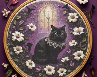Floral Gothic Black Cat Cross Stitch Pattern, Witchy Kitten Cross Stitch Chart, Halloween Embroidery Charts PDF, Instant Download