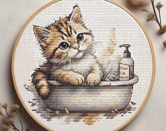 Bath time Cat Cross Stitch Pattern, Adorable Cat in Tub Modern x-stitch Pattern, Animal Cross Stitch Chart, Beginner Embroidery PDF