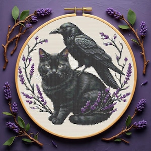 Black Cat Raven Cross Stitch Pattern PDF, Gothic Lavender Cross Stitch Chart, Instant Download Digital Chart, Crow Cat Embroidery Pattern