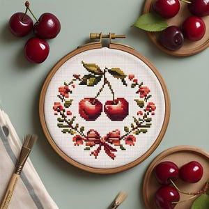 May include: A cross-stitch embroidery hoop featuring a pair of red cherries with green leaves, surrounded by a floral wreath and a red bow. The embroidery is set in a wooden hoop, with fresh cherries nearby.