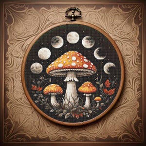 Peut inclure: Broderie au point de croix représentant un grand champignon orange à pois blancs, entouré de petits champignons et de phases de lune. L'œuvre est encadrée dans un cercle à broder en bois et ornée d'une bordure décorative.