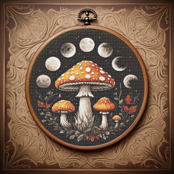 Patrón de punto de cruz con hongos en fase lunar, bordado cottagecore, gráfico de punto de cruz moderno con hongos en PDF, arte de bosque, decoración de brujas