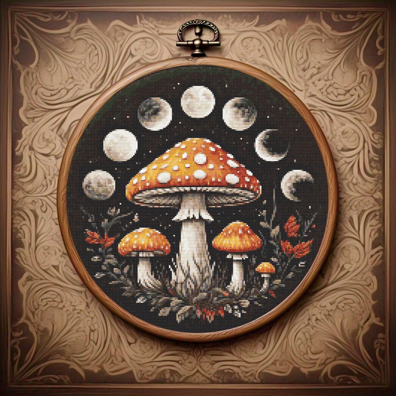 Moon Phase Mushroom Cross Stitch Pattern, Cottagecore Embroidery