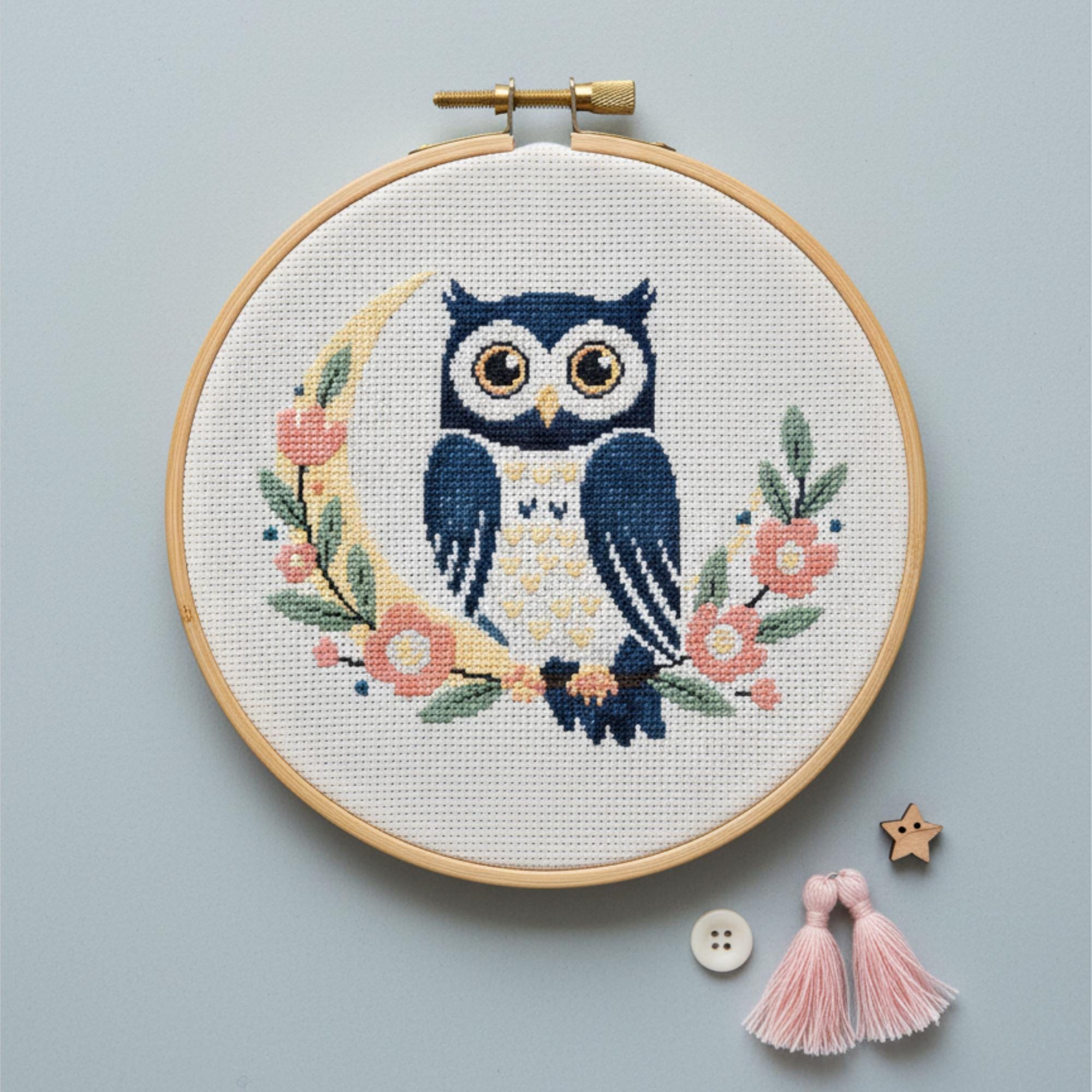 Celestial Owl Cross Stitch Pattern, Mystical Moon Bird Embroidery PDF, Modern Witchy Chart, Beginner
