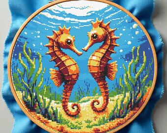 Seahorse Love Cross Stitch Pattern PDF, Beginner Heart Shape Ocean Embroidery, Romantic Marine Design, Wedding Chart