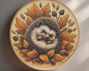Autumn Hedgehog Cross Stitch Pattern , Beginner-Friendly Embroidery stitch PDF - Woodland Animal , Fall Home Decor, Quick Stitch Project