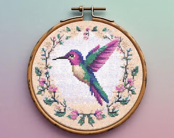 Hummingbird Wreath Cross Stitch Pattern PDF, Bird Floral Embroidery, Colorful Nature Cross Stitch Chart PDF, Digital Download